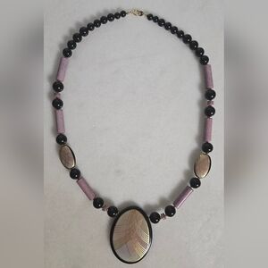 Vintage Style Statement Necklace Black Beaded Art Deco Gold Pendant Mauve